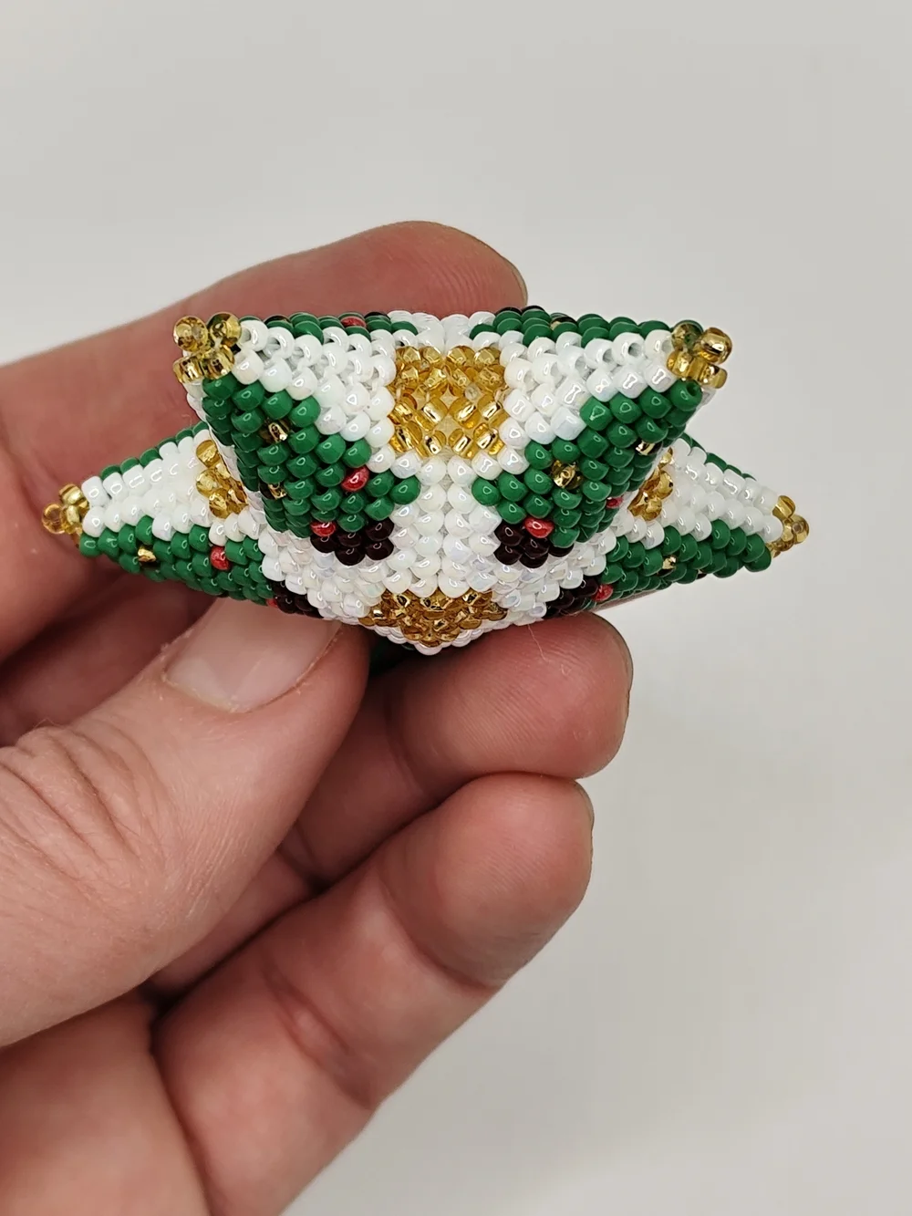 Handmade Beaded Green and White Star Holiday Ornament